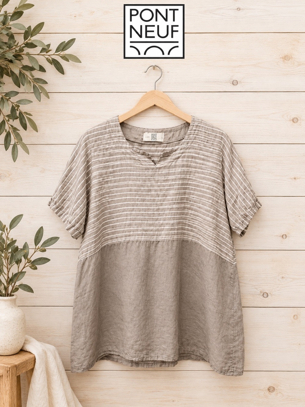 Pont Neuf Striped Linen-Style Tunic – Beige – Estimated Size XL